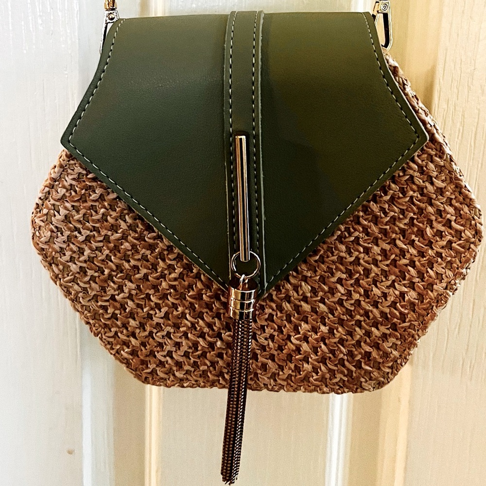 Small woven and leather purse with gold chain strap